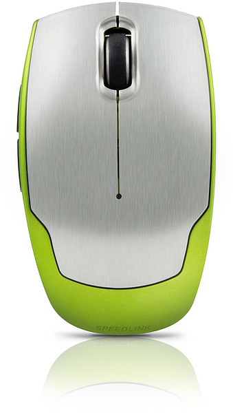 Abbildung einer kabellosen Speedlink Maus in Silber-Grün, ergonomisch geformt und für komfortables Arbeiten geeignet