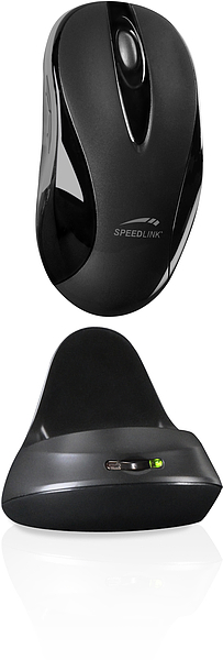 Schwarze SPEEDLINK Funkmaus mit passender Ladestation, ergonomische Form für komfortables Arbeiten am PC