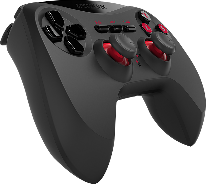 Abbildung eines schwarzen kabellosen Gamecontrollers mit roten Details und mehreren Funktionstasten, geeignet für PC und Konsole