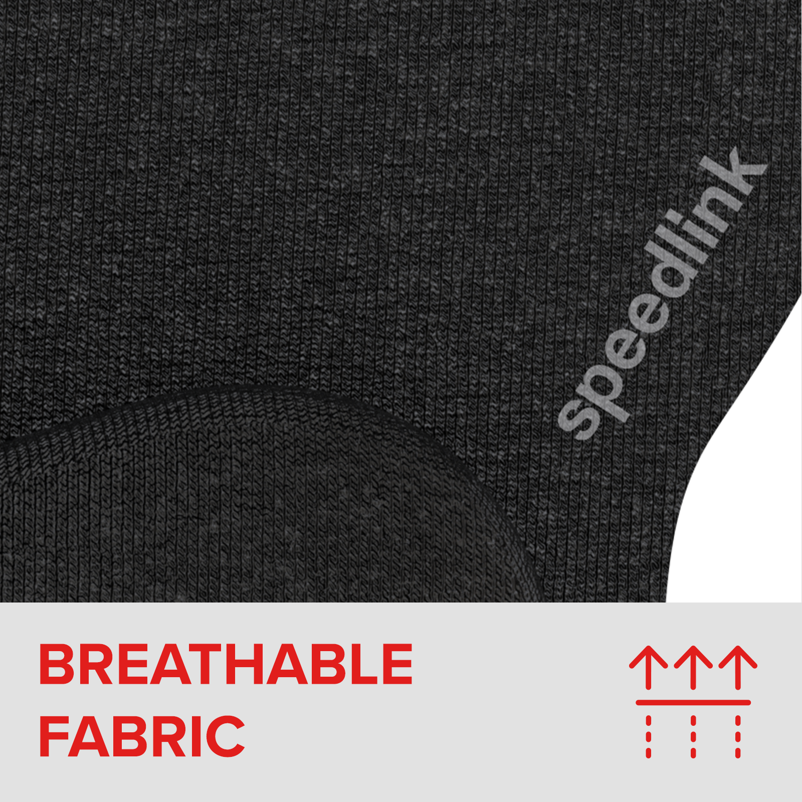 Nahaufnahme eines schwarzen speedlink Produkts aus atmungsaktivem Stoff mit Struktur und Logo