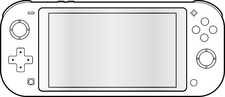 Abbildung einer tragbaren Spielkonsole mit Display, Steuerkreuz und Tasten, geeignet für mobiles Gaming