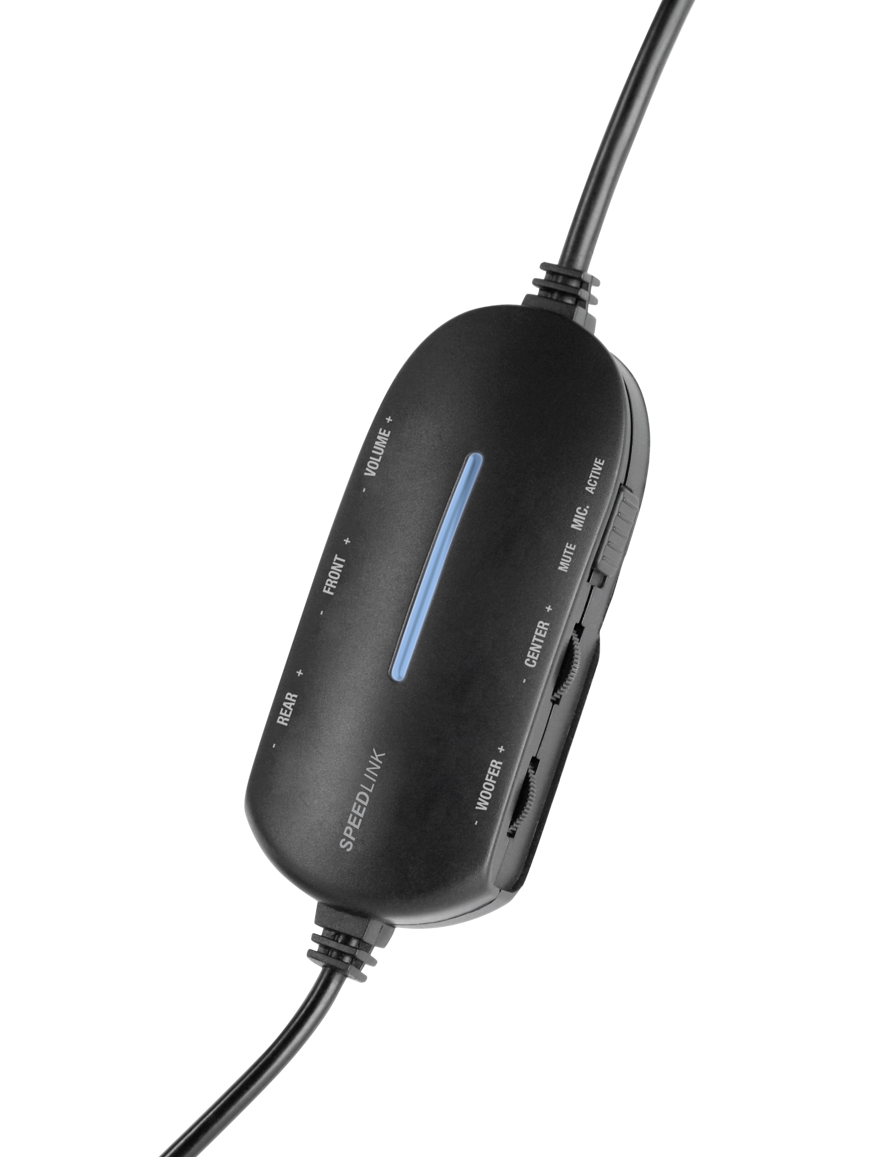Schwarze SPEEDLINK Audio-Fernbedienung mit Reglern für Volume, Front, Rear, Woofer und Center sowie seitlichen Tasten und Kabelanschluss