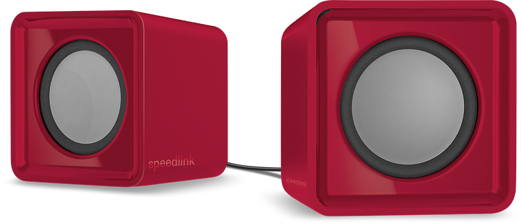 Zwei rote, quadratische Lautsprecherboxen von Speedlink mit Kabelverbindung, geeignet für Computer oder Laptops