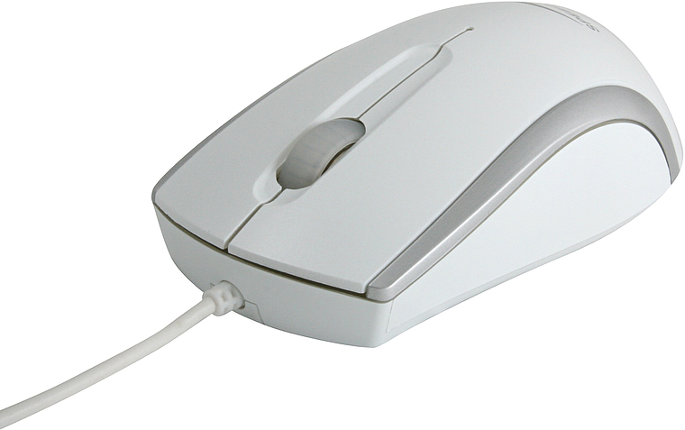 Weiße kabelgebundene Computermaus mit zwei Tasten und Scrollrad auf weißem Hintergrund