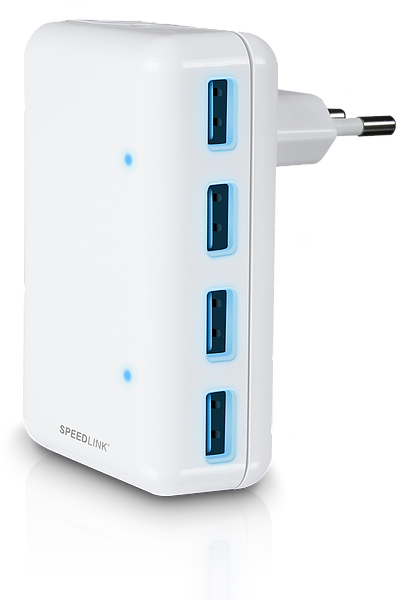 Weißes SPEEDLINK USB-Ladegerät mit vier blauen USB-Ports und EU-Stecker