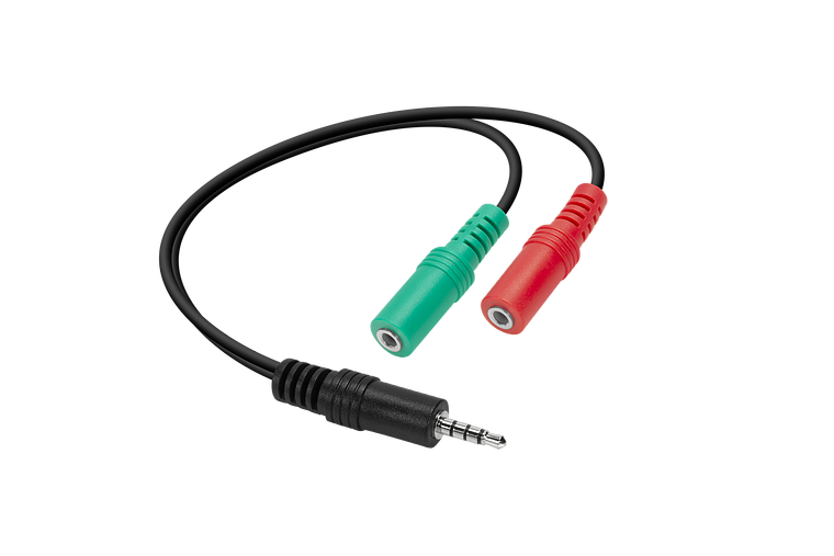 Audio Splitter Kabel mit einem 3,5mm Klinkenstecker und zwei farbigen Klinkenbuchsen in Grün und Rot