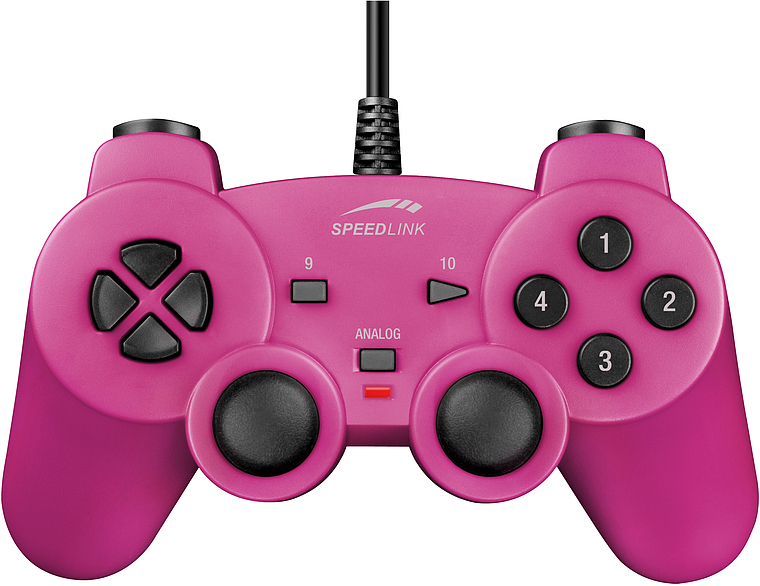 Pinkes Speedlink USB Gamepad mit zwei Analogsticks, Richtungstasten und vier Aktionstasten, geeignet für PC und Konsole