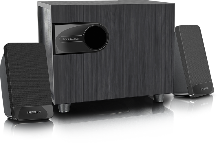 SPEEDLINK 2.1 Lautsprechersystem bestehend aus Subwoofer und zwei Lautsprechern in schwarzem Design