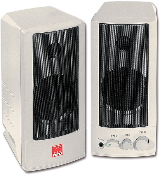 Abgebildet ist ein silbernes Speedlink Stereo PC Lautsprecher Set mit Bedienelementen für Lautstärke und Ton sowie Kopfhöreranschluss.