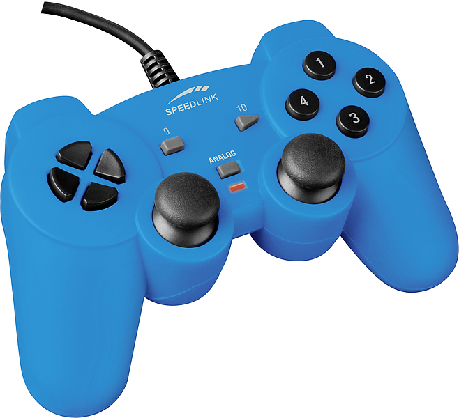 Blauer kabelgebundener Speedlink Gamecontroller mit zwei Analogsticks und Funktionstasten