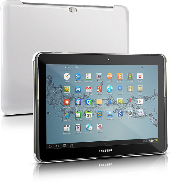 Samsung Galaxy Tab Tablet mit weißer Schutzhülle, Vorderseite mit Display und Apps, Rückseite sichtbar