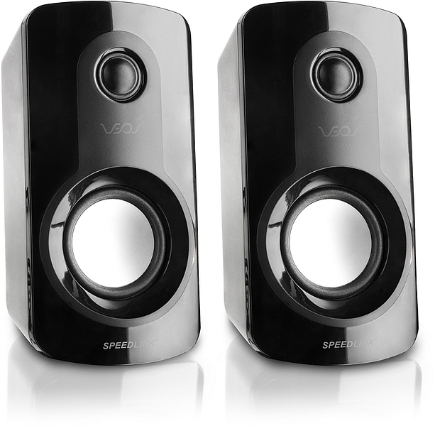 Zwei schwarze SPEEDLINK VEOS 2.0 Stereo-Desktop-Lautsprecher mit glänzender Frontansicht