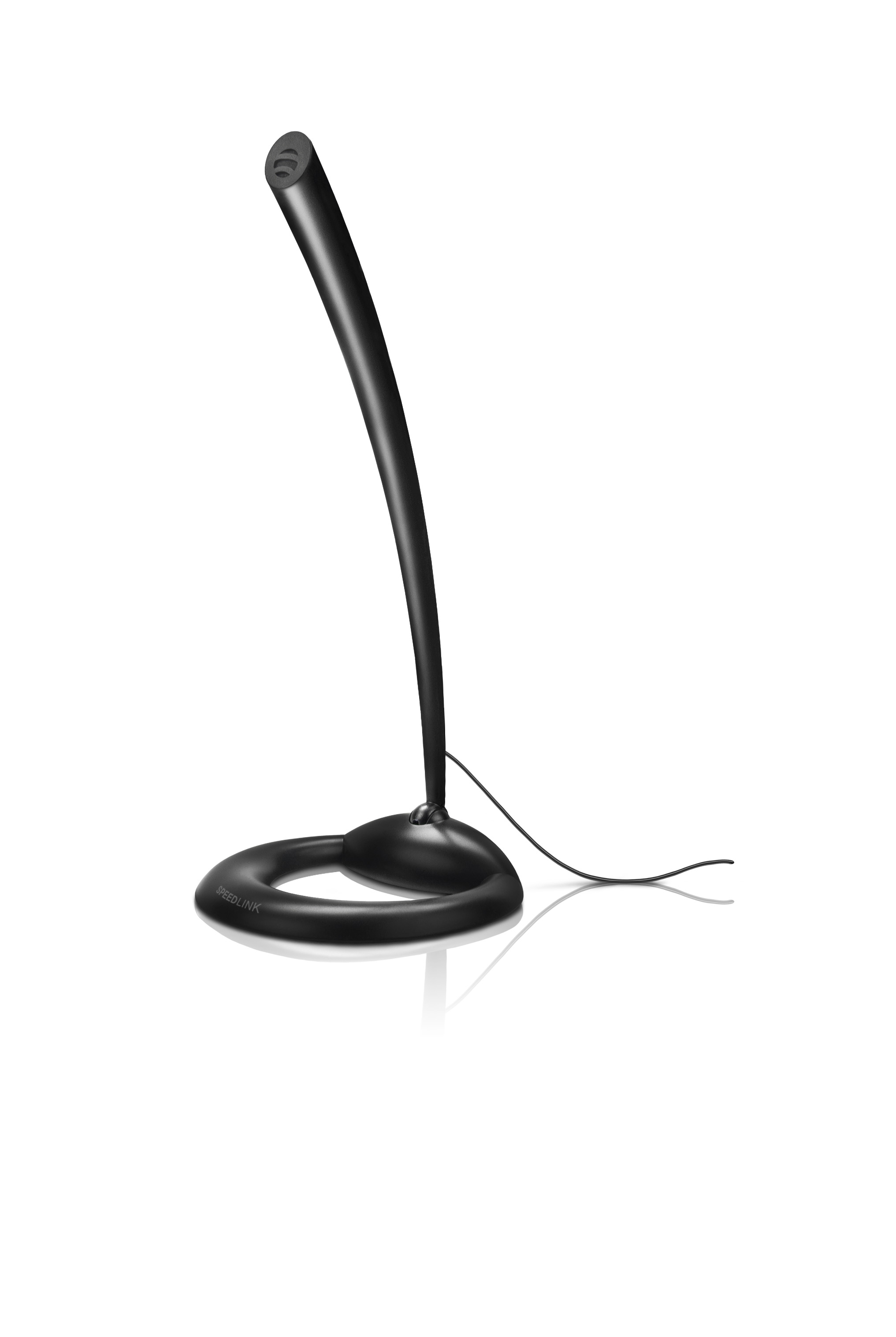 Schwarzes SPEEDLINK Tischmikrofon mit flexiblem Schwanenhals und rundem Standfuß, ideal für PC und Laptop