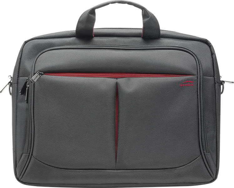 Vorderansicht einer schwarzen Laptoptasche mit rotem Reißverschluss und mehreren Fächern, ideal für den sicheren Transport von Laptop und Zubehör