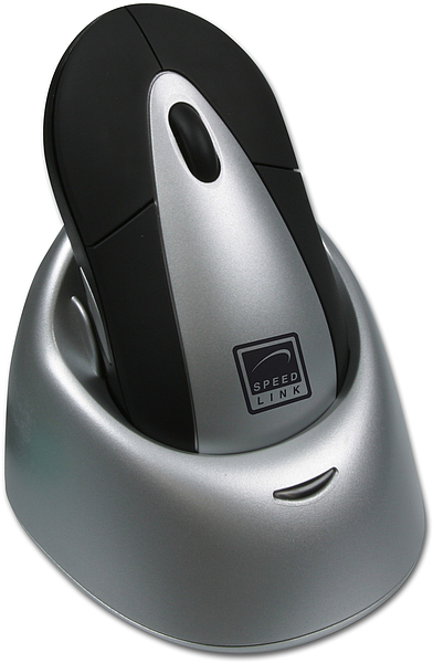 Kabellose Speedlink Maus in Ladestation, silber-schwarzes Design, Desktop-Zubehör