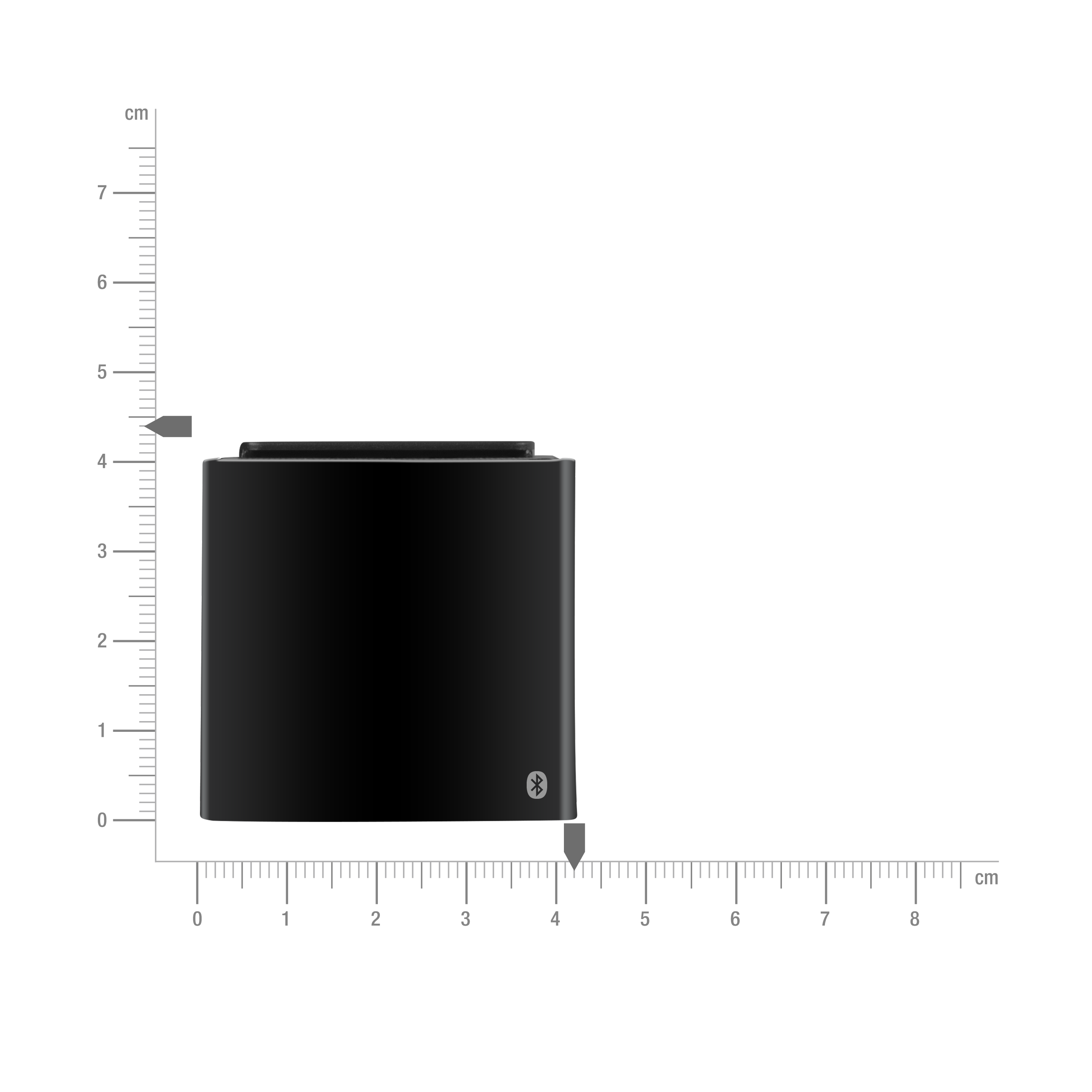 Kleiner schwarzer Bluetooth-Lautsprecher mit zylindrischer Form, 4 cm Höhe, neben einem Maßstab abgebildet