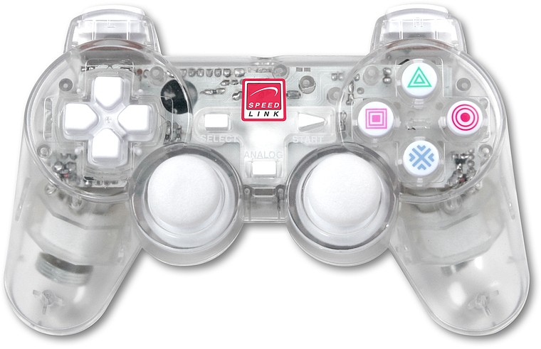 Kabelgebundener Speedlink Controller im transparenten Design, kompatibel mit PlayStation-Systemen, Oberansicht