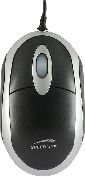 Vorderansicht einer SPEEDLINK kabelgebundenen optischen Maus in Schwarz und Silber mit Scrollrad