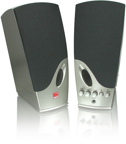 Zwei silberne PC-Lautsprecher mit schwarzer Front, mehreren Bedienknöpfen und Anschlüssen vorne