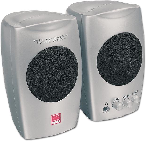 Zwei silberne Speedlink Lautsprecher des Real Multimedia Sound System mit schwarzen Frontgittern und Reglern für Lautstärke, Ton und Power