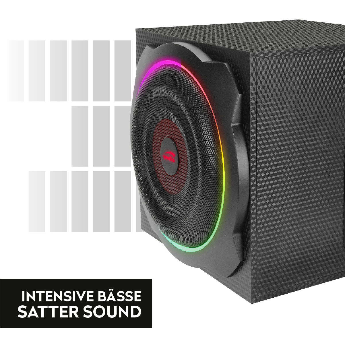 Moderner Subwoofer mit farbiger LED-Beleuchtung für intensive Bässe und kraftvollen Klang