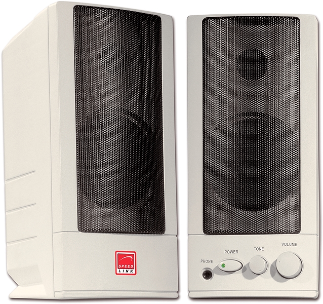 Zwei weiße Speedlink Stereo-Lautsprecher mit schwarzem Gitter, Lautstärkeregler und Kopfhöreranschluss