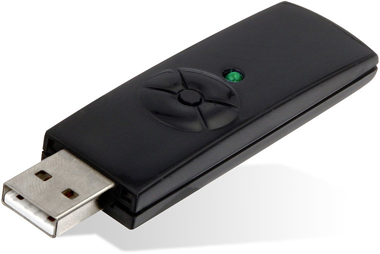 Schwarzer USB-Stick mit Bedientaste und grüner LED-Anzeige auf weißem Hintergrund