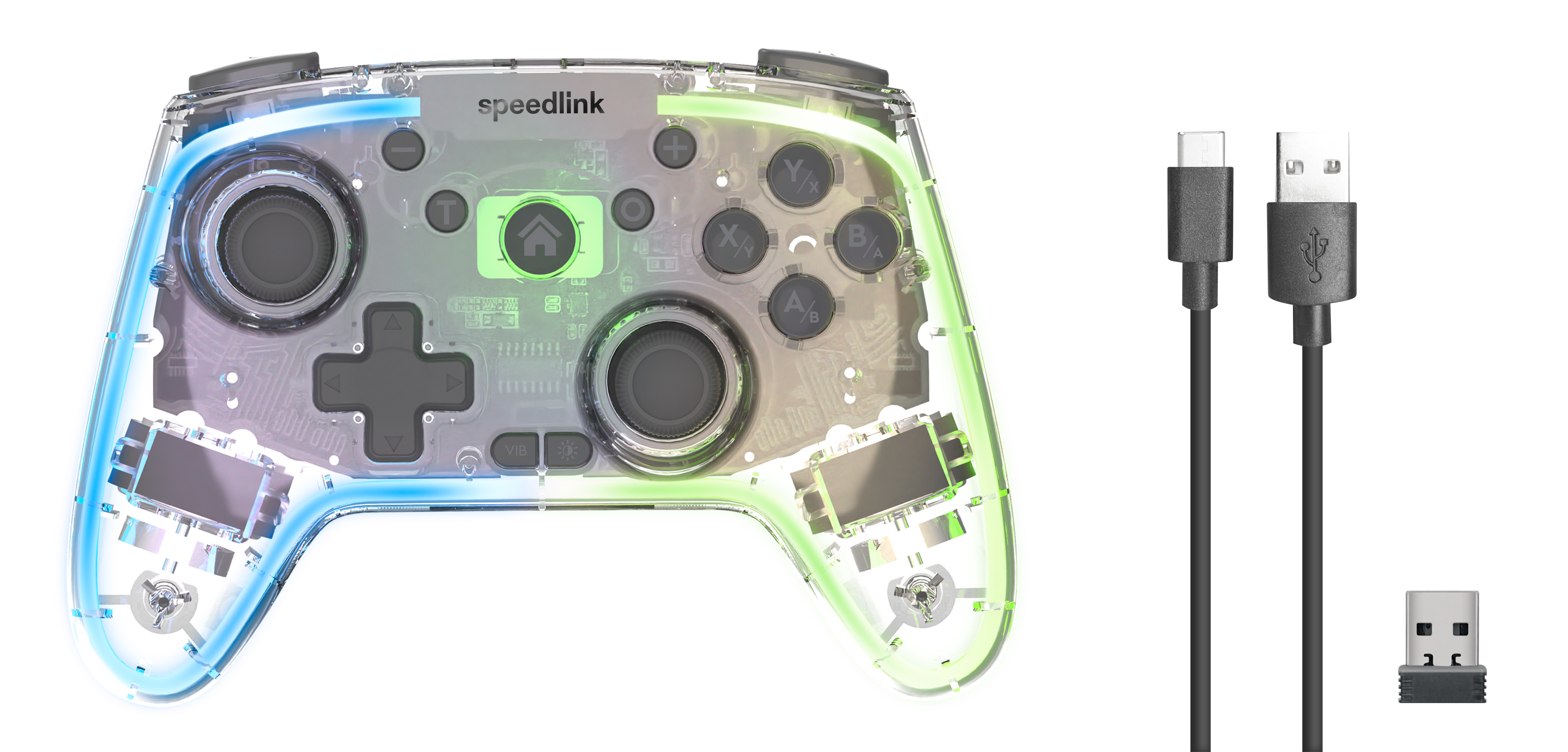 Transparenter Speedlink Gaming-Controller mit farbiger LED-Beleuchtung, USB-Ladekabel und Funk-Adapter