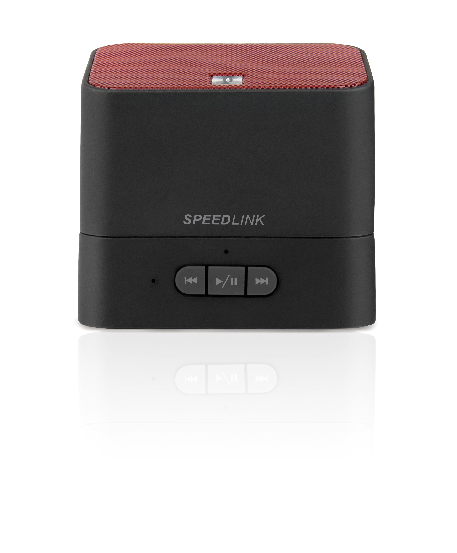 Schwarzer und roter Bluetooth-Lautsprecher von SPEEDLINK mit Steuerelementen auf der Vorderseite