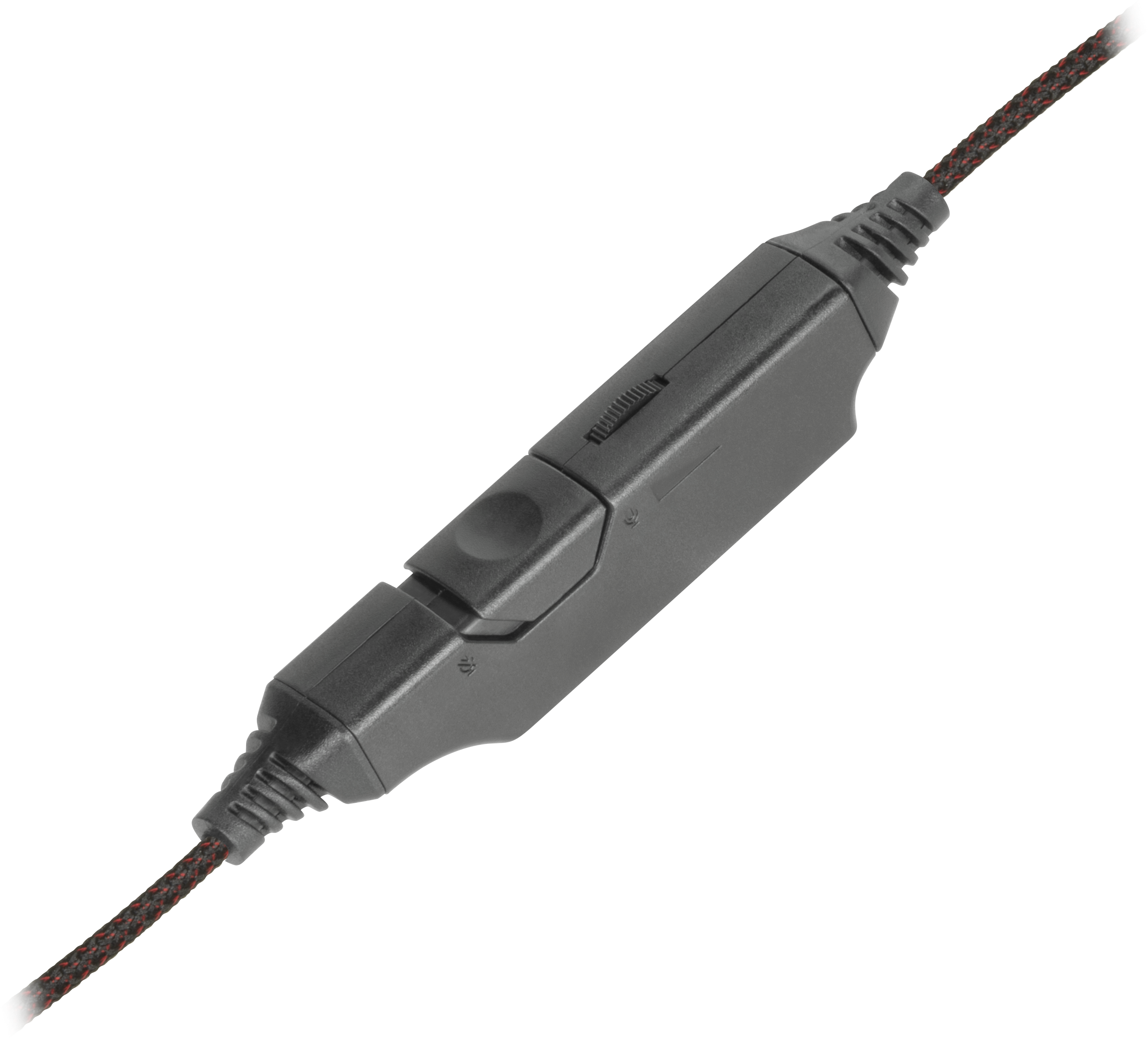 Schwarze Kabel-Fernbedienung mit Lautstärkeregler und Schalter für Mikrofon, an einem geflochtenen Kabel