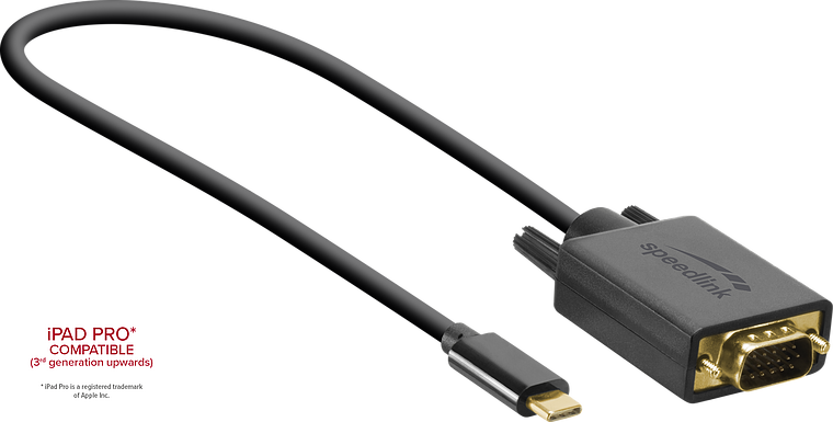 USB-C auf VGA Adapterkabel von Speedlink, geeignet für iPad Pro ab 3. Generation, schwarze Ausführung mit vergoldeten Anschlüssen