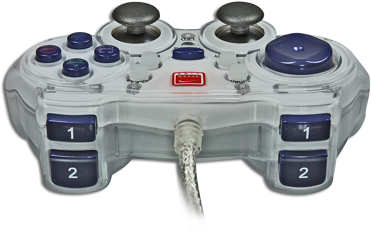 Frontalansicht eines transparenten, kabelgebundenen Gamecontrollers mit zwei Joysticks und blauen Aktionstasten