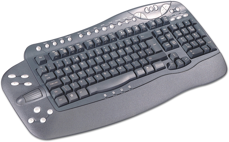 Schwarze ergonomische Computertastatur mit Handballenauflage und zahlreichen zusätzlichen Funktionstasten