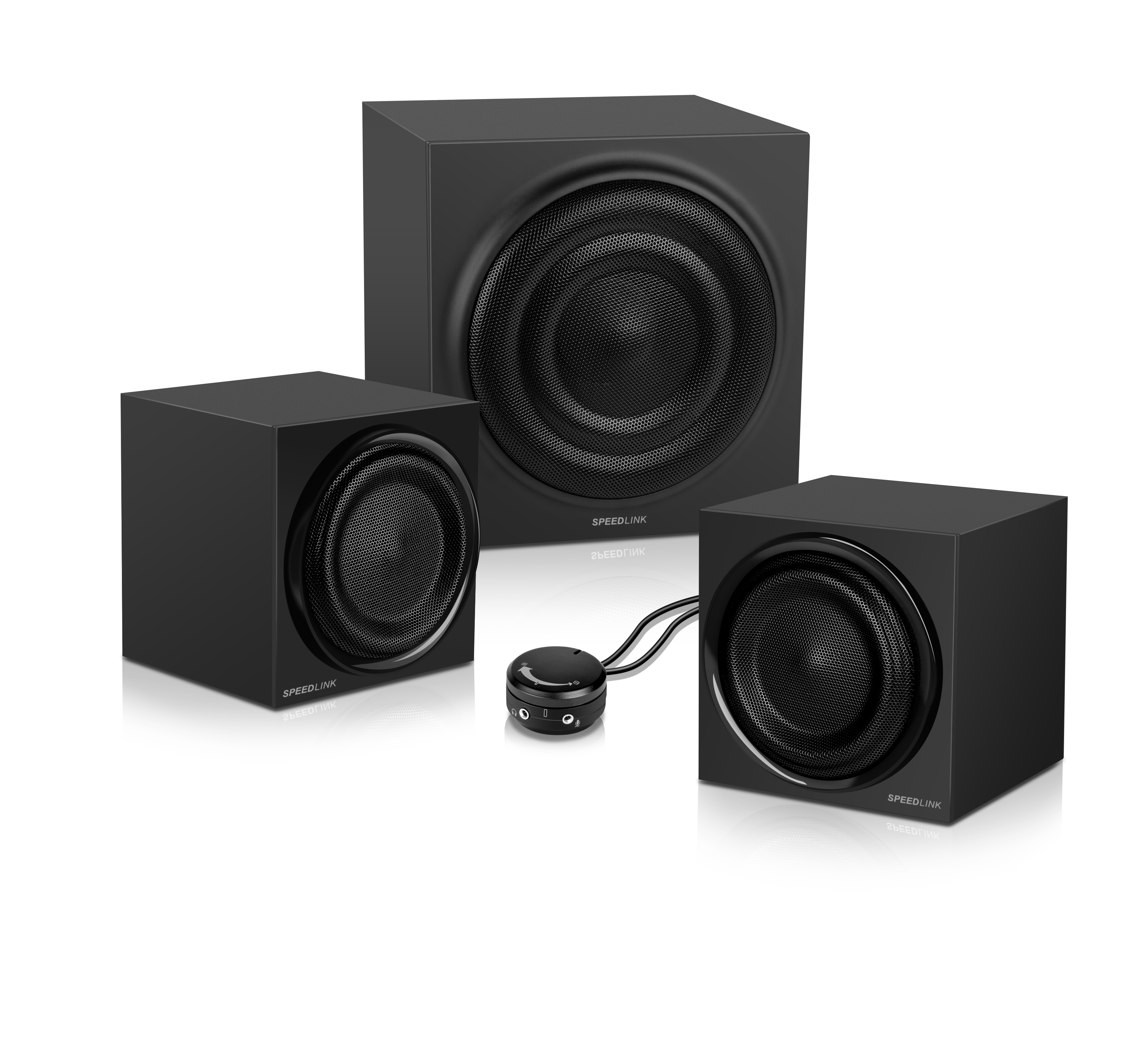 Schwarzes SPEEDLINK 2.1 Lautsprechersystem mit zwei Satelliten, Subwoofer und runder Bedieneinheit