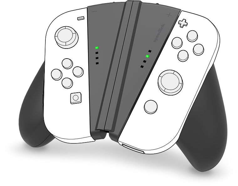 Abbildung eines ergonomischen Gaming-Controllers für Nintendo Switch mit Griffen und LED-Anzeigen