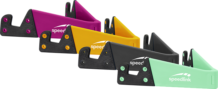 Vier Speedlink Handyhalterungen in den Farben Violett, Gelb, Schwarz und Mintgrün, nebeneinander aufgereiht