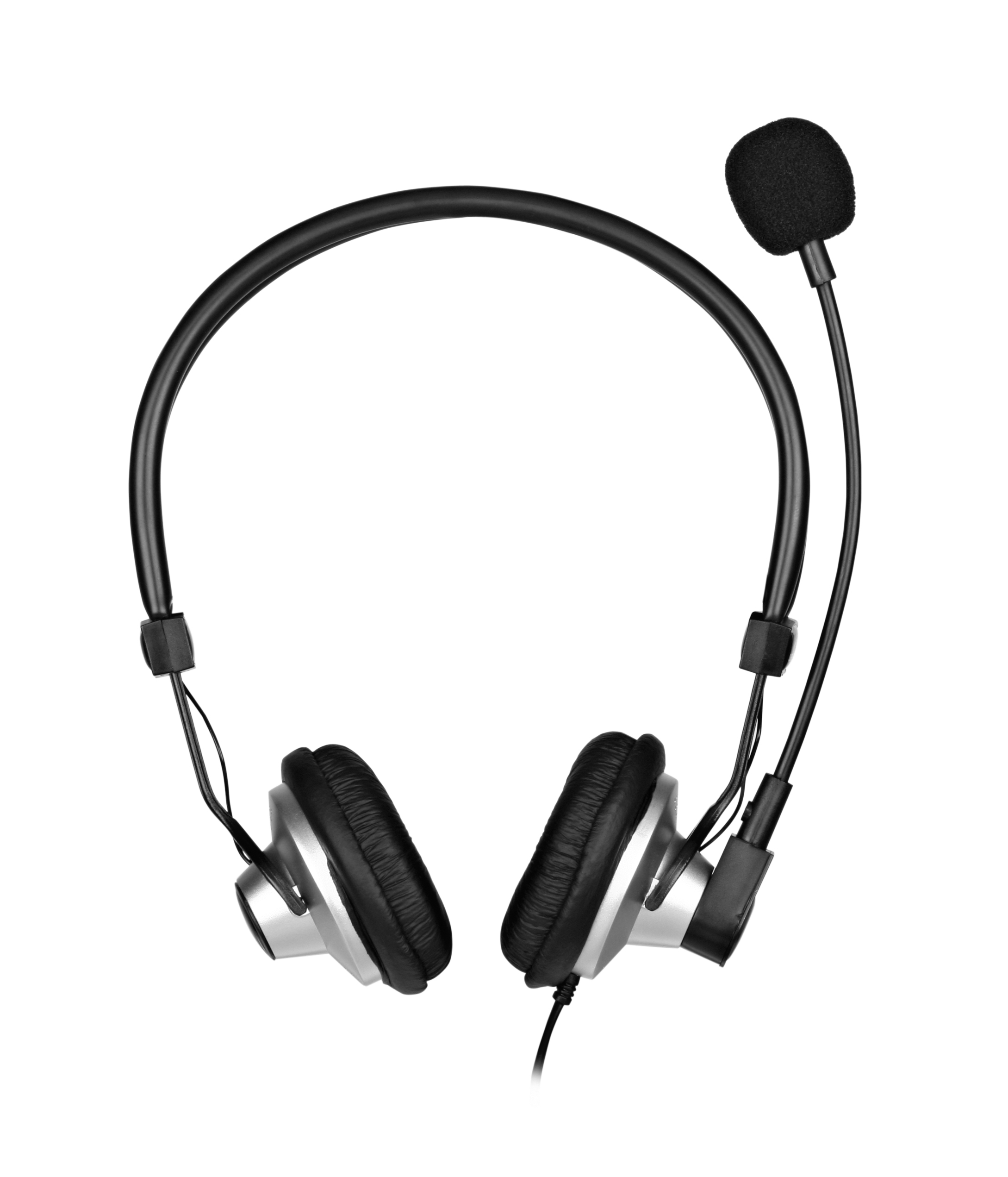 Abbildung eines schwarzen Headsets mit Ohrpolstern und flexiblem Mikrofonarm, geeignet für Computer und Telefonkonferenzen