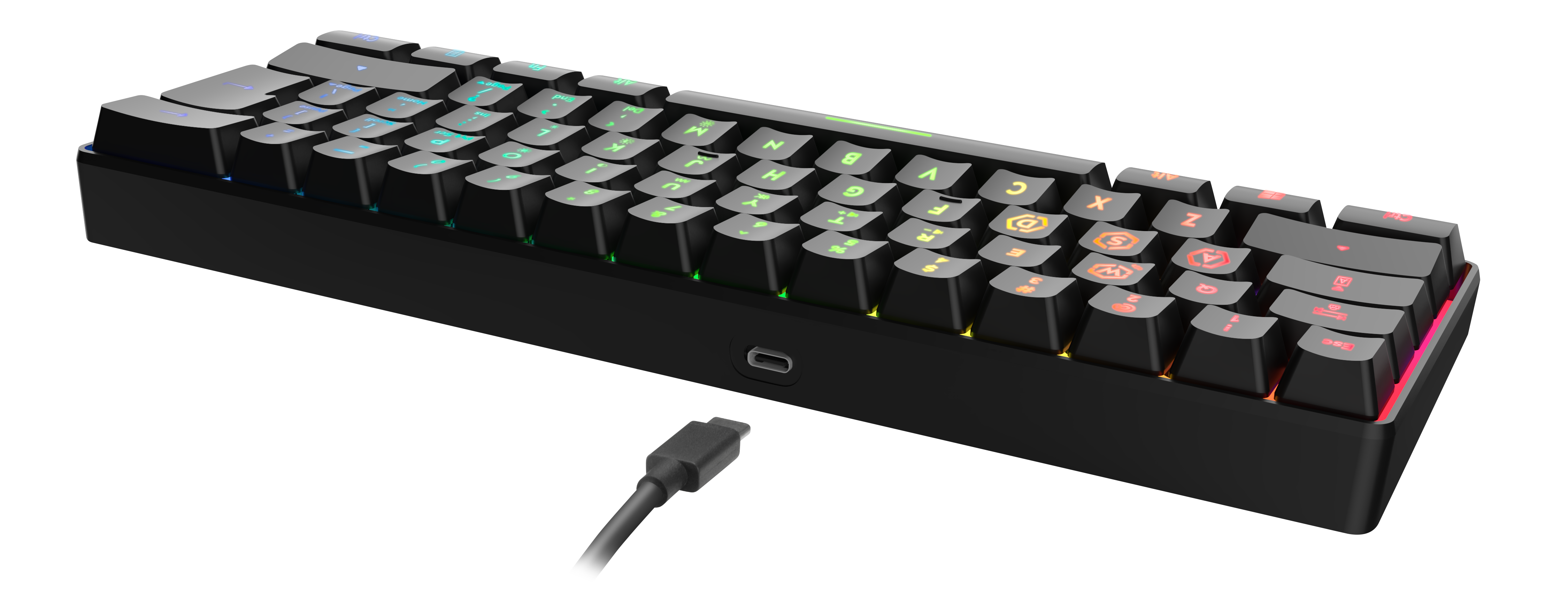 Seitliche Ansicht einer kompakten mechanischen Gaming-Tastatur mit bunter RGB-Hintergrundbeleuchtung und USB-C-Anschluss