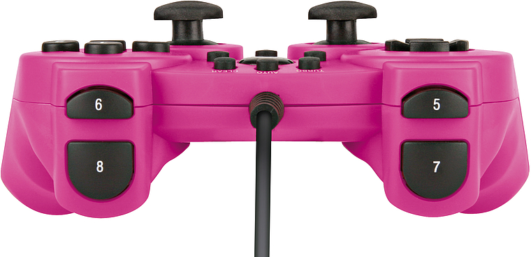 Vorderansicht eines pinken kabelgebundenen Gamepads mit nummerierten Tasten für PC und Konsole