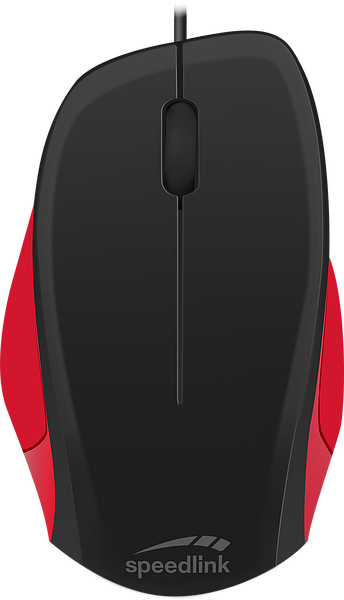 Schwarz-rote kabelgebundene Speedlink Computermaus, ergonomische Form, von oben fotografiert