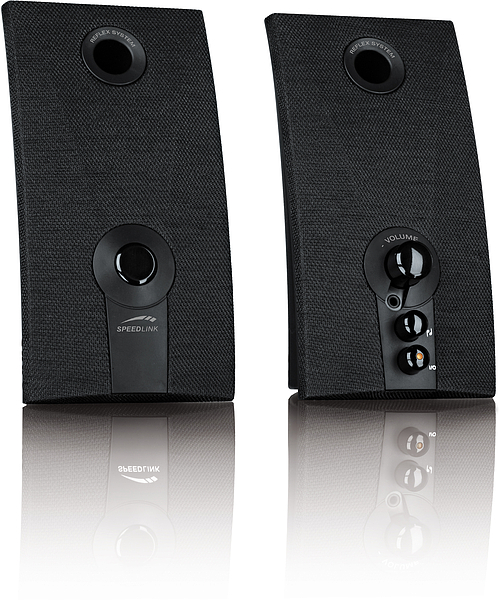 Zwei schwarze Speedlink PC-Lautsprecher mit Lautstärkeregler und Anschlussmöglichkeiten, nebeneinander stehend