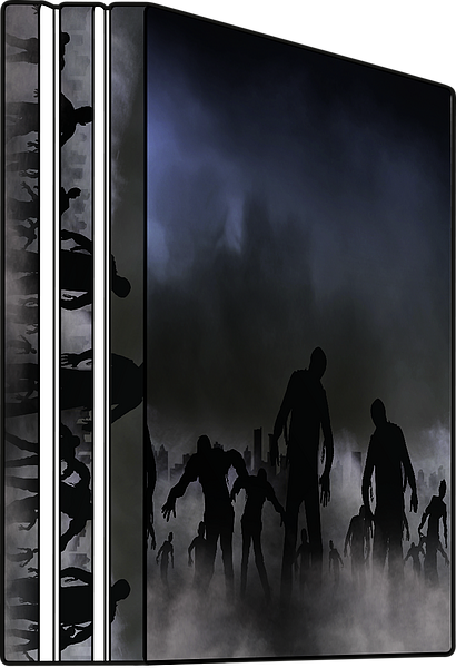 Gaming-Konsole mit Aufkleber-Set in Zombie-Design, dunkle Schattenfiguren vor nebliger Stadtkulisse