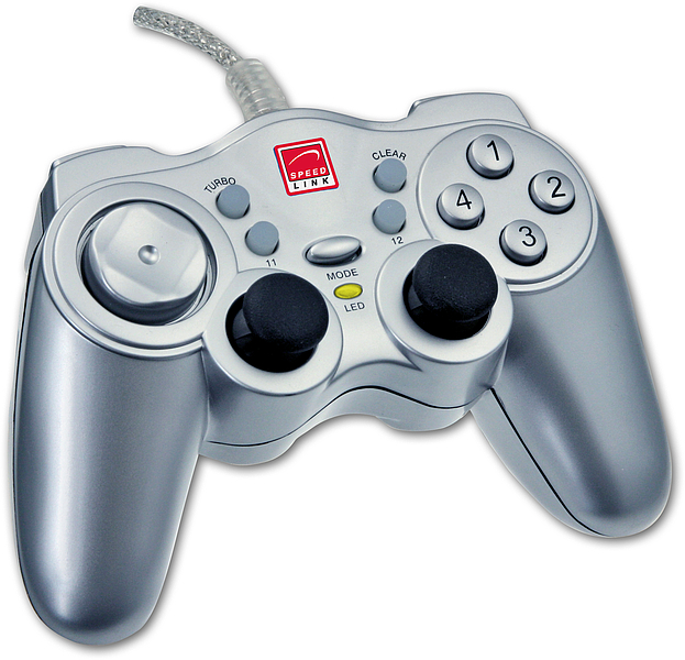 Silbernes Speedlink Gamepad mit USB-Anschluss und zwei Analogsticks für PC-Games