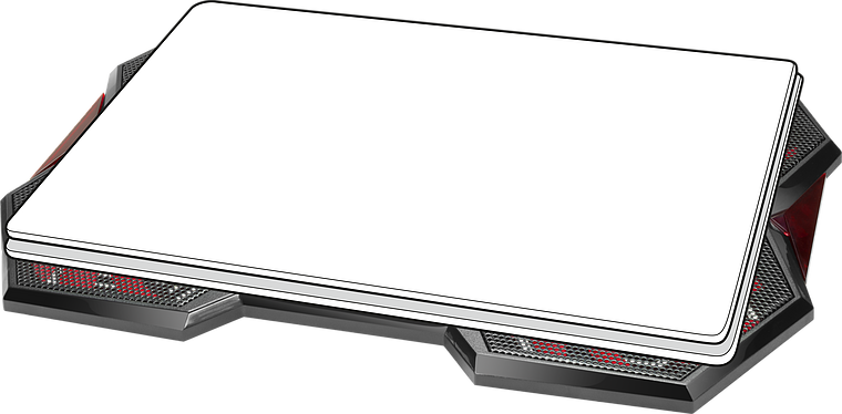 Geschlossener Gaming-Laptop mit markantem, futuristischem Gehäuse und weißem Deckel