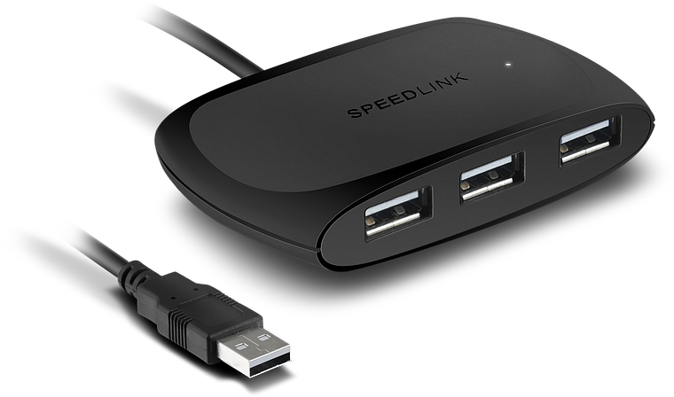 Schwarzer SPEEDLINK USB-Hub mit vier USB-Anschlüssen und USB-Kabel für Computer und Notebook