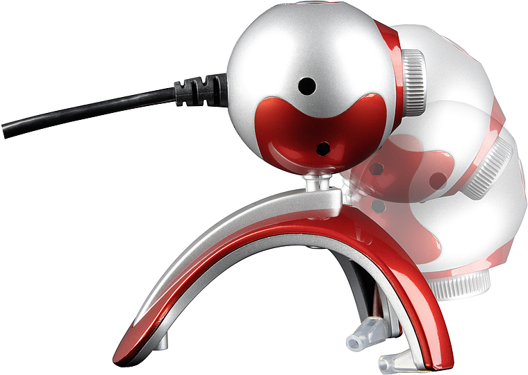 Schwenkbare USB-Webcam in Rot-Silber mit flexiblem Standfuß, seitliche Ansicht