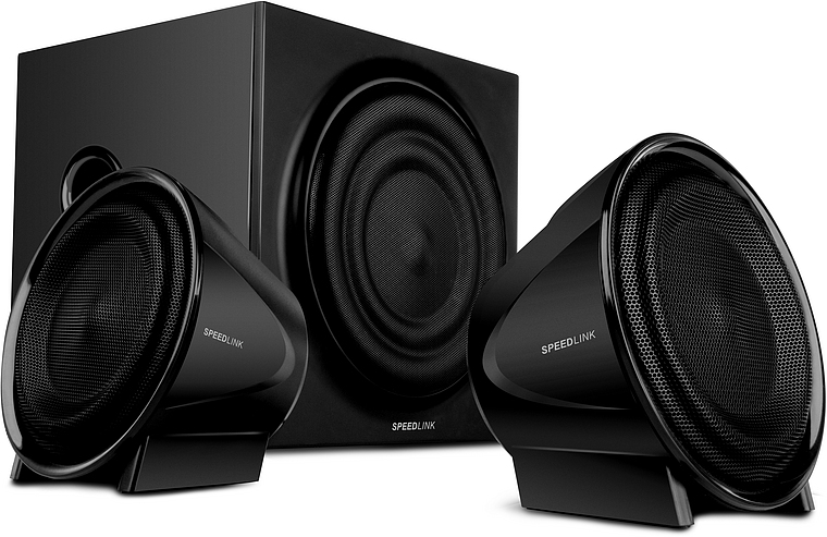 SPEEDLINK 2.1 Lautsprechersystem bestehend aus zwei Satellitenlautsprechern und einem Subwoofer in schwarzer Ausführung