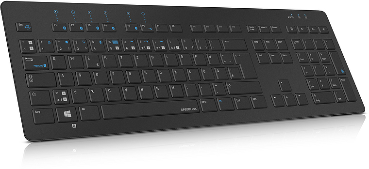 Flache, kabellose Tastatur von SPEEDLINK in Schwarz mit deutschem QWERTZ-Layout und Funktionstasten