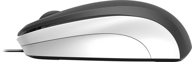 Seitenansicht einer ergonomischen, kabelgebundenen Computermaus in silberner und schwarzer Farbe