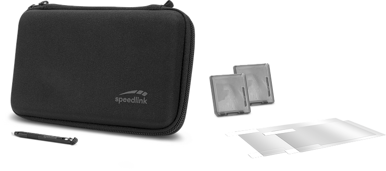 Set bestehend aus schwarzer Speedlink Tasche, zwei Spielehüllen, Stylus-Stift und Displayschutzfolie für eine tragbare Konsole
